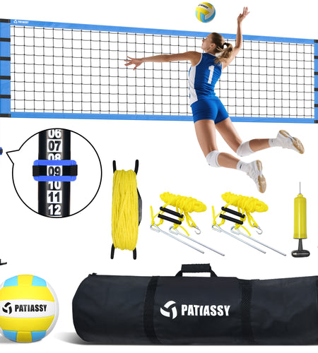 32FT Outdoor Portable Volleyball Net Set System for Backyard - Quick & Easy Setup Adjustable Height Steel Poles, PU Volleyball, Pump and Carrying Bag