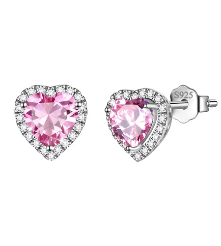 Pink Heart Earrings Women October Birthstone Earrings Tourmaline CZ 925 Sterling Silver Stud Earrings Crystal Jewelry Birthday Mother'S Day Gifts