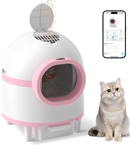 Self Cleaning Cat Litter Box, Automatic Smart Litter Box for Multiple Cats with 10 Safety Sensor Radars, 100L Electric Cat Box with App-Control, Odor Control, Quiet Operation, Pink