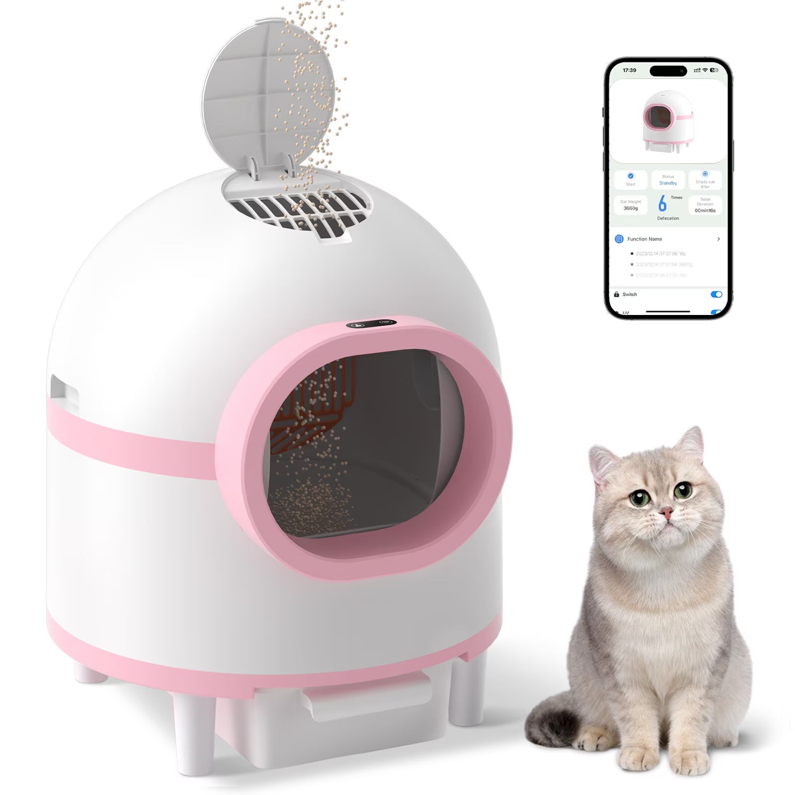 Self Cleaning Cat Litter Box, Automatic Smart Litter Box for Multiple Cats with 10 Safety Sensor Radars, 100L Electric Cat Box with App-Control, Odor Control, Quiet Operation, Pink