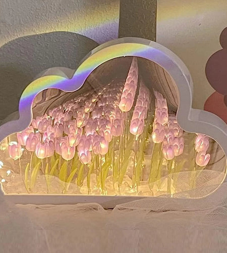 Cloud Mirror Tulip Lamp, Simulation Flower Bedroom Sleeping Table Lamp, Hand Craft DIY Tulips Mirror Night Light, Night Light for Bedroom,Creative Living Room Bedside Desktop Ornaments Girls (Purple)