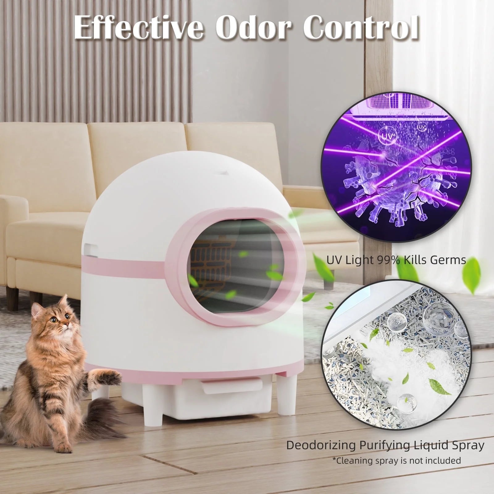 Self Cleaning Cat Litter Box, Automatic Smart Litter Box for Multiple Cats with 10 Safety Sensor Radars, 100L Electric Cat Box with App-Control, Odor Control, Quiet Operation, Pink