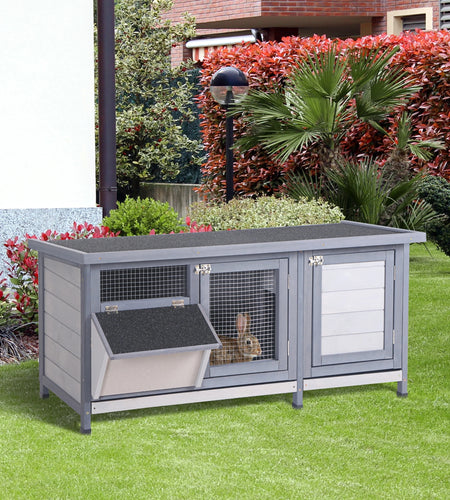 Wooden Rabbit Hutch Bunny Hutch Cage Guinea Pig with Waterproof Roof, No Leak Tray and Feeding Trough, Indoor/Outdoor, Gray
