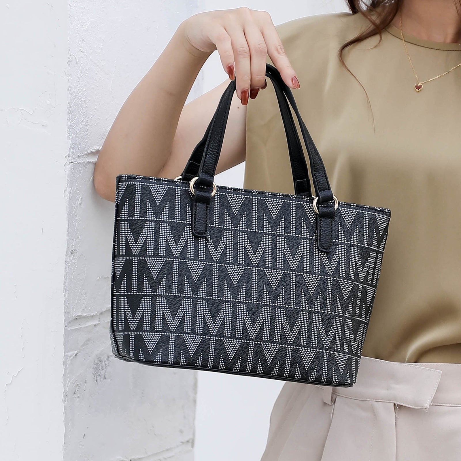 by Mia K. Marimar Women'S Tote Bag with Pouch and Wristlet, Signature 4 Piece Set - Beige