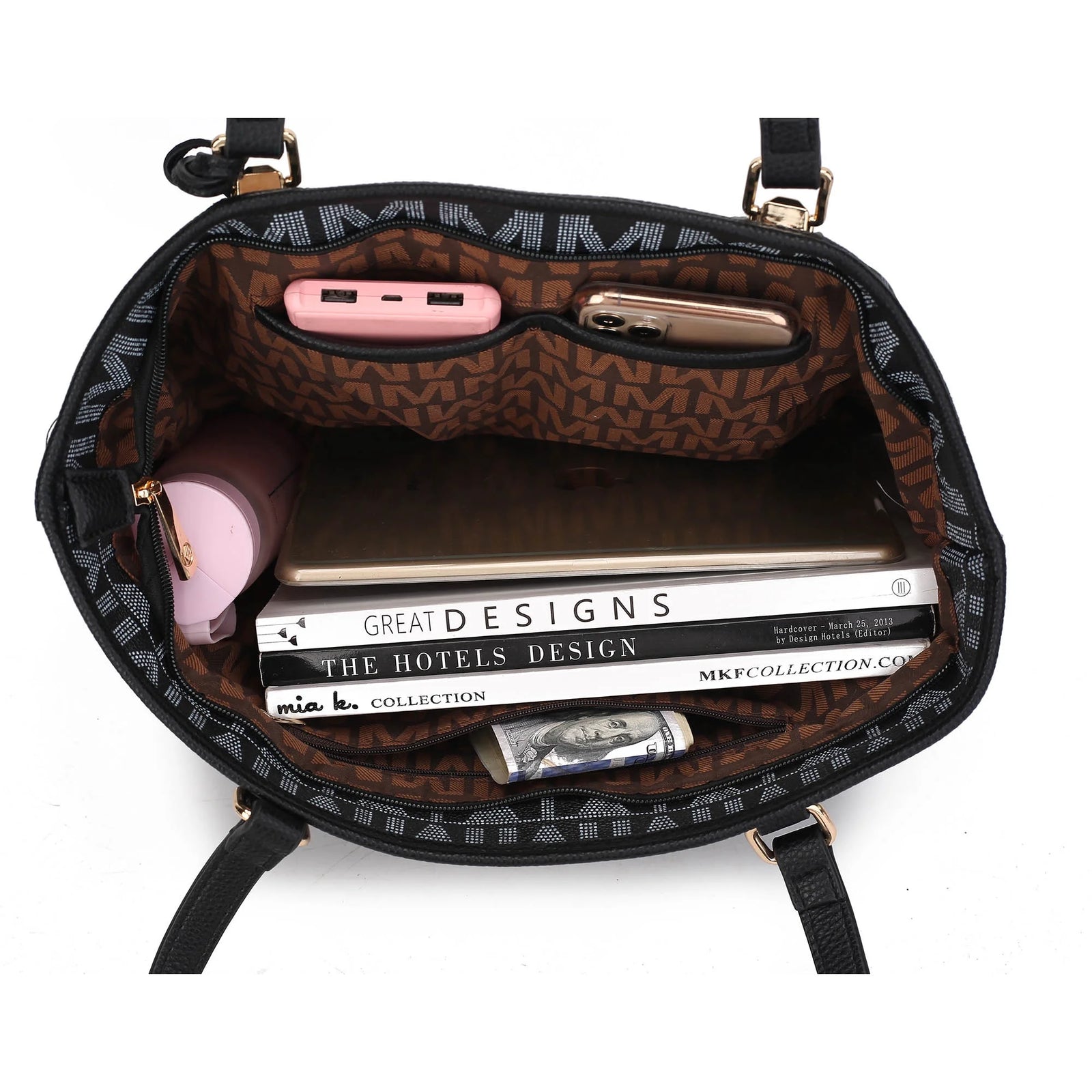 by Mia K. Marimar Women'S Tote Bag with Pouch and Wristlet, Signature 4 Piece Set - Beige