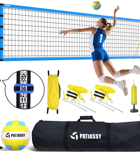 32FT Outdoor Portable Volleyball Net Set System for Backyard - Quick & Easy Setup Adjustable Height Steel Poles, PU Volleyball, Pump and Carrying Bag